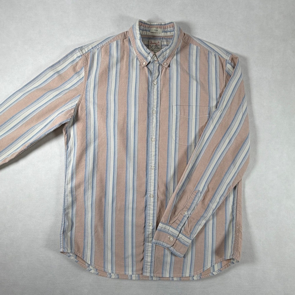 J. Crew Mens Large Broken-In Oxford Slim Fit Striped Organic Cotton Shirt Peach